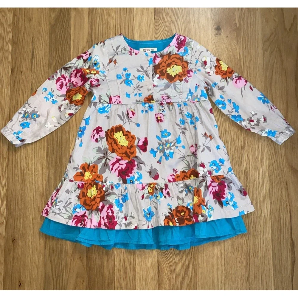Kenzo Kids Beige Orange Blue‎ Floral Dress Size 5A Boho Western Ruffle Cotton
